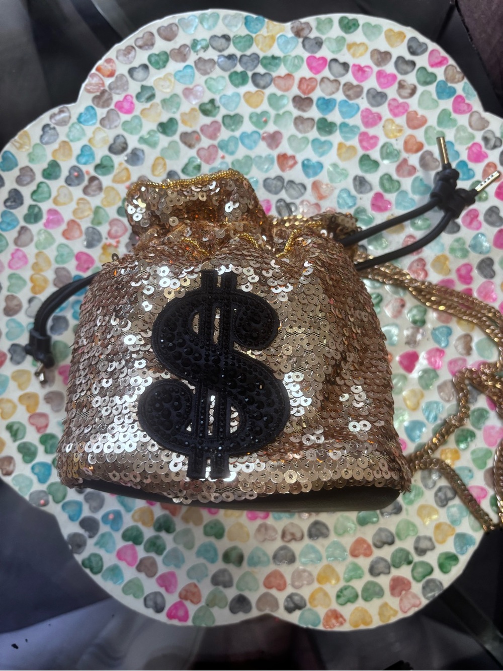 Aldo Gold Sequin Drawstring Mini Bag with Black Dollar Sign